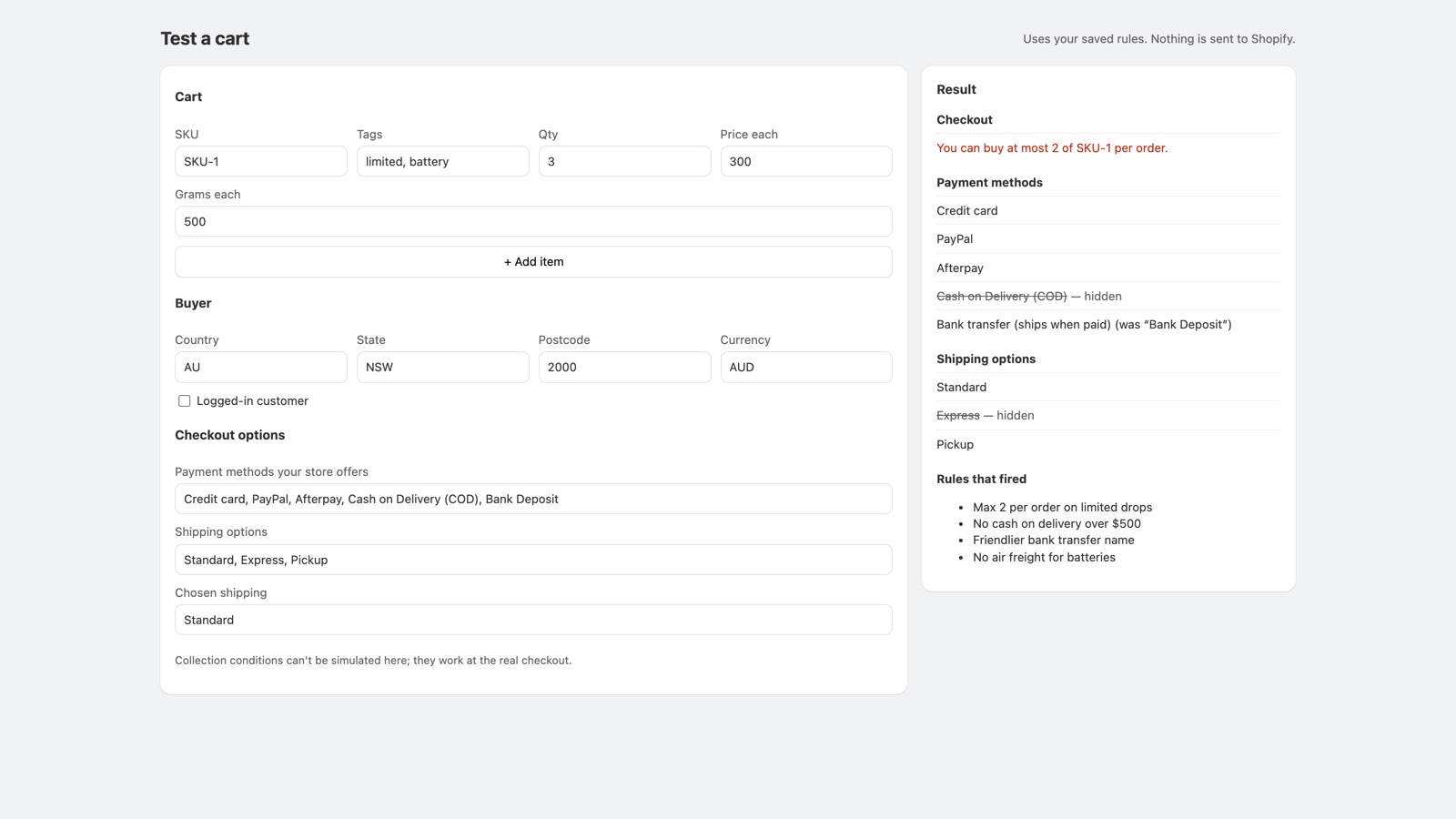 Cartsmith cart tester showing a blocked order and hidden options